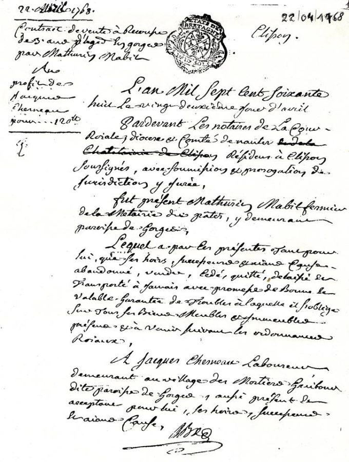 Acte d'achat du Vignoble par Jacques Chesneau en 1768